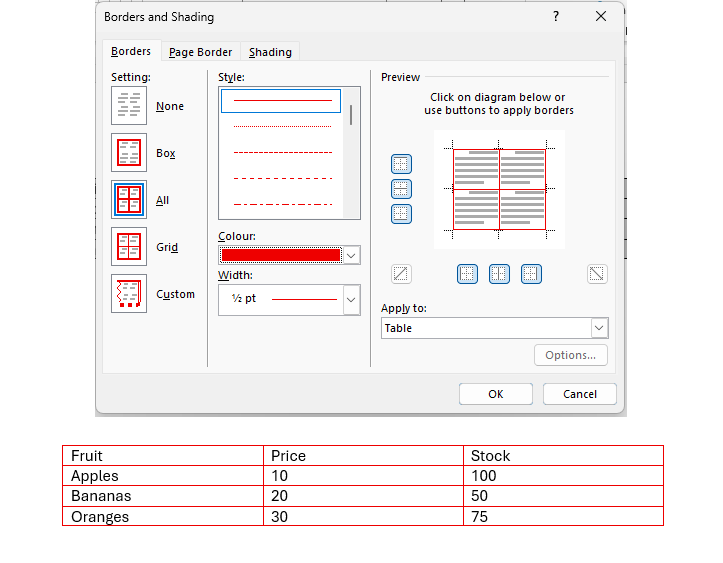 Applied table border line colour in Word